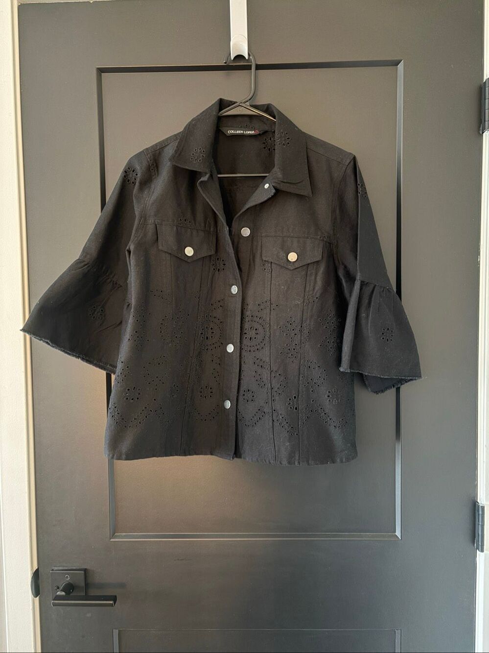 Colleen Lopez Black Denim Pointelle Eyelet Shirt Jacket Size Medium